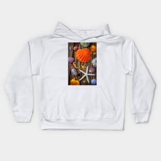 Seashell Collection On Old Wood Kids Hoodie